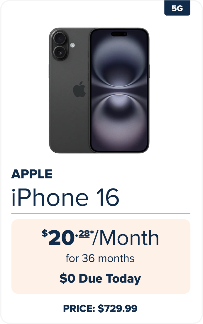 APPLE iPhone 16 | $20.28* /Month for 36 months $0 Due Today | PRICE: $729.99