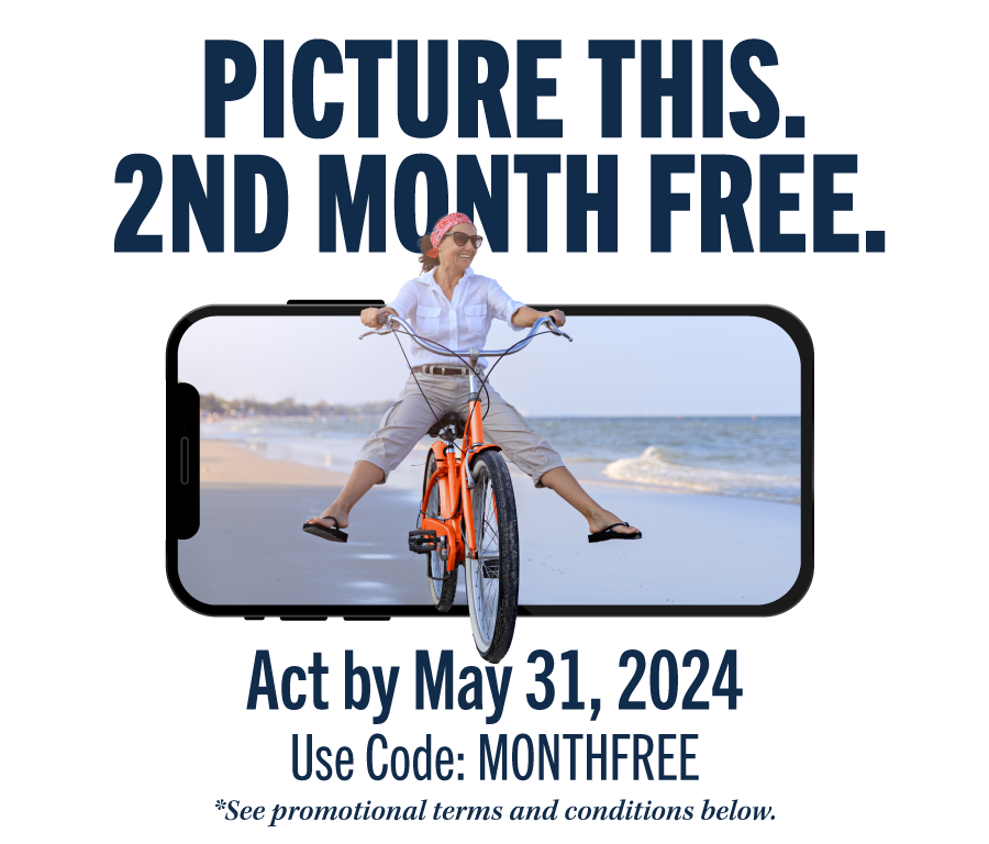This header images includes a headline 'Picture This. 2nd Month Free. Act by May 31, 2024 Use Code: MONTHFREE *See promotion terms and conditions below.'