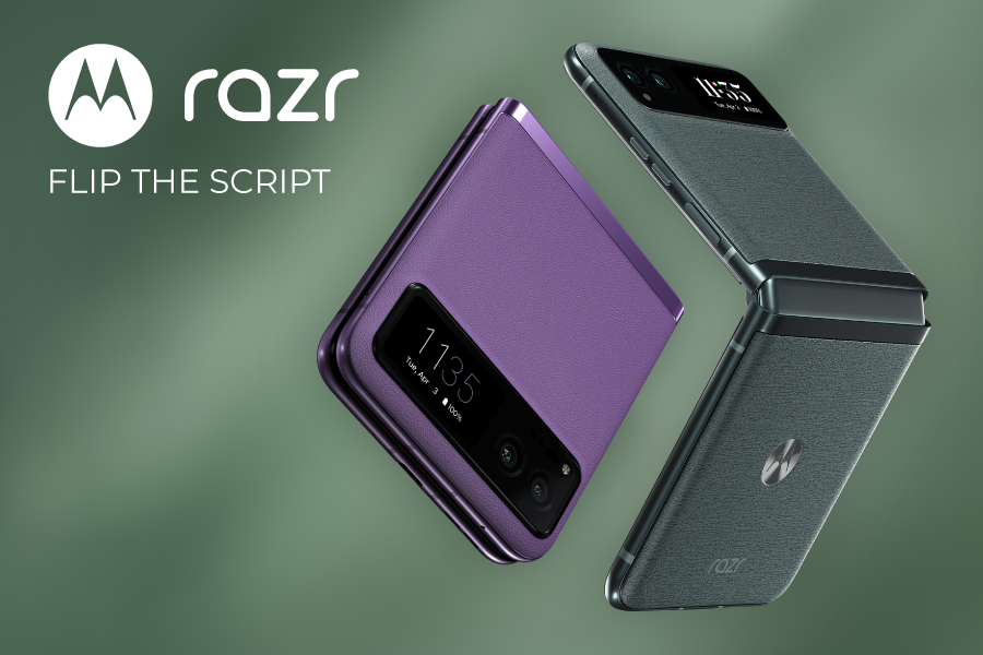 The image highlights the motorola razr launch. The text reads "Flip the Script".
