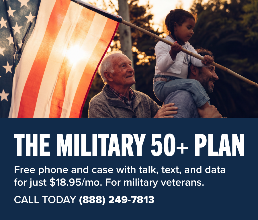 THE MILITARY 50+ PLAN: Free phone and case with talk, text, and data for just $18.95/mo. For military veterans. CALL TODAY (XXX) XXX-XXXX