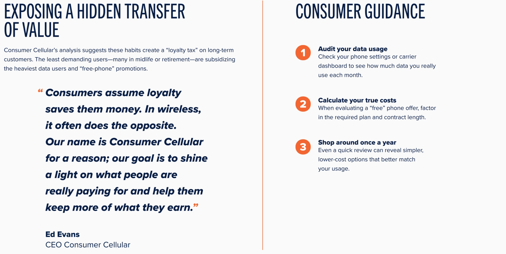 Exposing a Hidden Transfer of Value. Consumer Cellular’s analysis suggests these habits create a “loyalty tax” on long-term customers. The least demanding users—many in midlife or retirement—are subsidizing
the heaviest data users and “free-phone” promotions. "Consumers assume loyalty saves them money. In wireless, it often does the opposite.
Our name is Consumer Cellular for a reason; our goal is to shine a light on what people are really paying for and help them keep more of what they earn.” Ed Evans CEO Consumer Cellular. Consumer Guidance. 1. Audit your data usage. Check your phone settings or carrier dashboard to see how much data you really use each month. 2. Calculate your true costs. When evaluating a “free” phone offer, factor in the required plan and contract length. Shop around once a year. Even a quick review can reveal simpler, lower-cost options that better match
your usage.