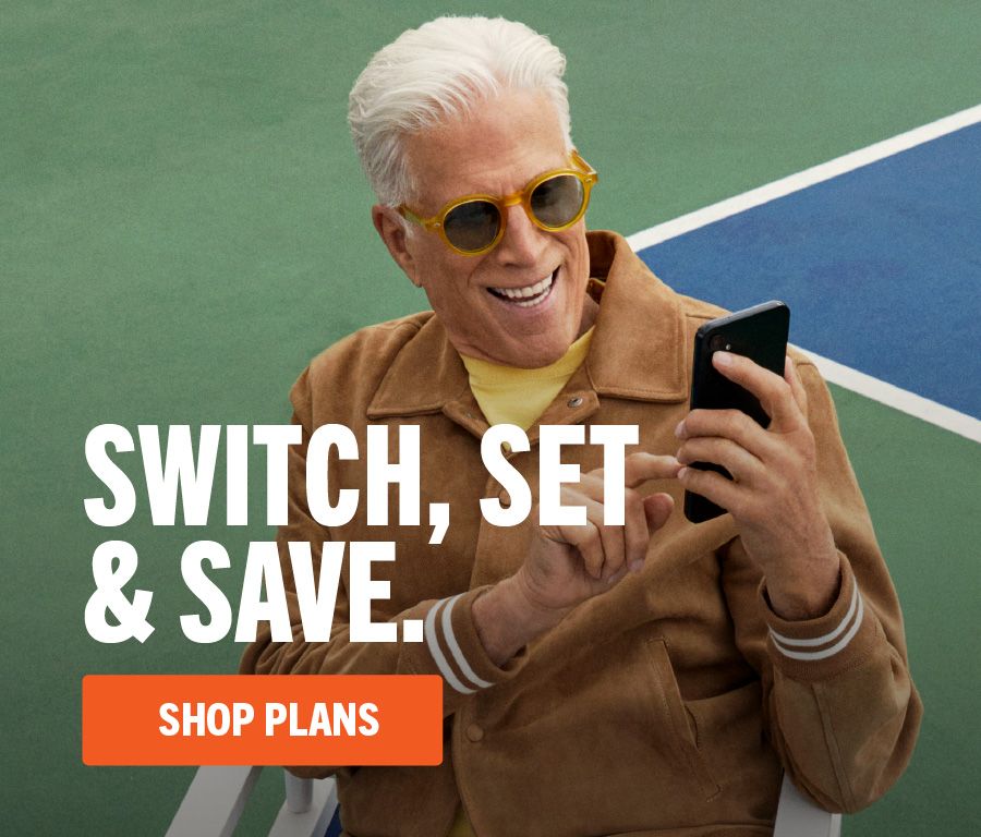 This header images includes Ted Danson holding a Consumer Cellular smartphone. The headline states 'Switch, Set & Save.' With a button 'Shop Plans'.