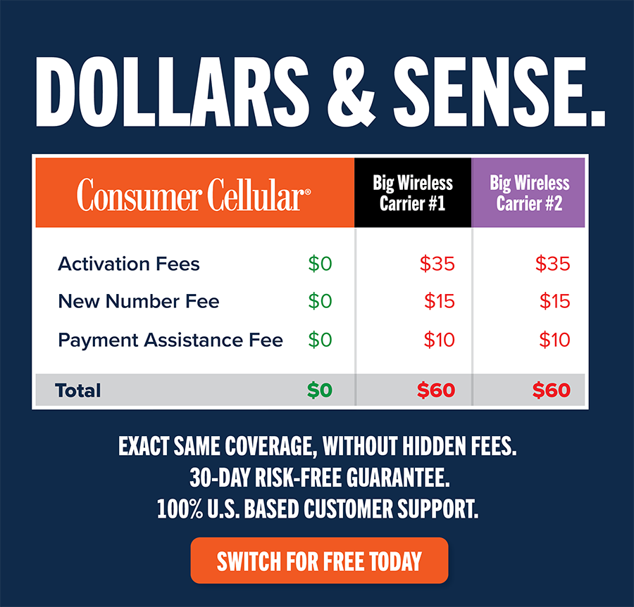 A header image comparing Consumer Cellular to two Big Wireless Carriers. The text reads 'DOLLARS & SENSE' and emphasizes that Consumer Cellular has the EXACT SAME COVERAGE, WITHOUT HIDDEN FEES, 30-DAY RISK-FREE GUARANTEE, & 100% U.S. BASED CUSTOMER SUPPORT. The image includes a table comparing the fees of the three providers. Consumer Cellular has zero activation fees, new number fees, and payment assistance fees, resulting in a total cost of $0. Big Wireless Carrier #1 and Big Wireless Carrier #2 both have activation fees of $35, new number fees of $15, and payment assistance fees of $10, resulting in a total cost of $60 for both.