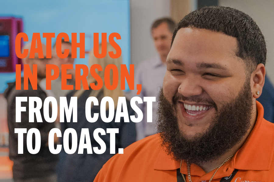 The image includes a Consumer Cellular retail representative smiling with the text - Catch us in person, from coast to coast.