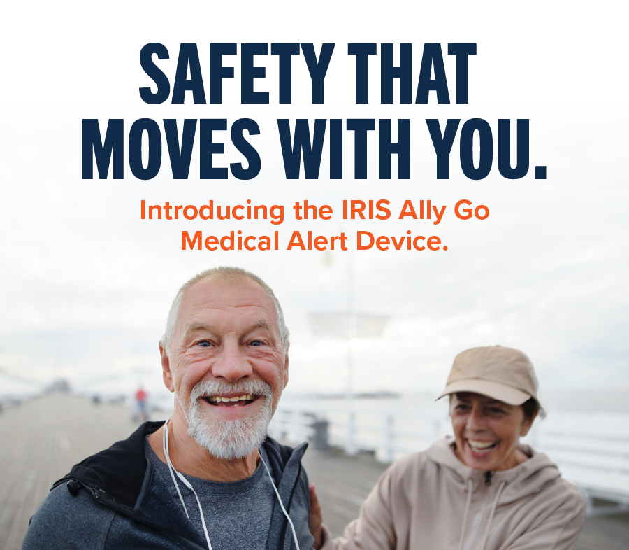Safety that moves with you. Introducing the IRIS Ally Go Medical Alert Device.,Safety that moves with you. Introducing the IRIS Ally Go Medical Alert Device.