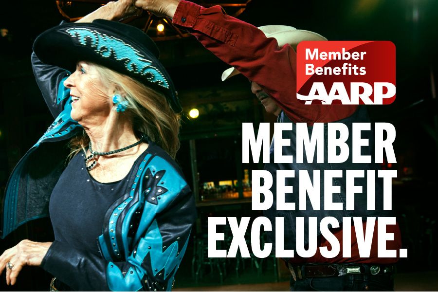 Dancing woman wearing blue and black cowboy outfit for AARP membership promotion.