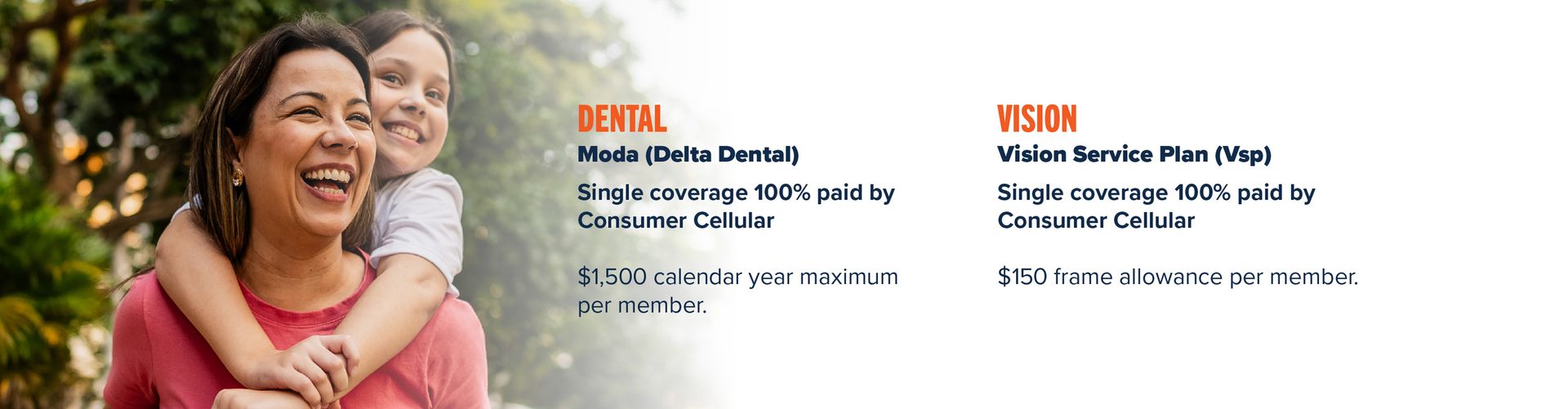 Dental—Moda (Delta Dental) • Single coverage 100% paid by Consumer Cellular • $1,500 calendar year maximum per member Vision—Vision Service Plan (VSP) • Single coverage 100% paid by Consumer Cellular • $150 frame allowance per member