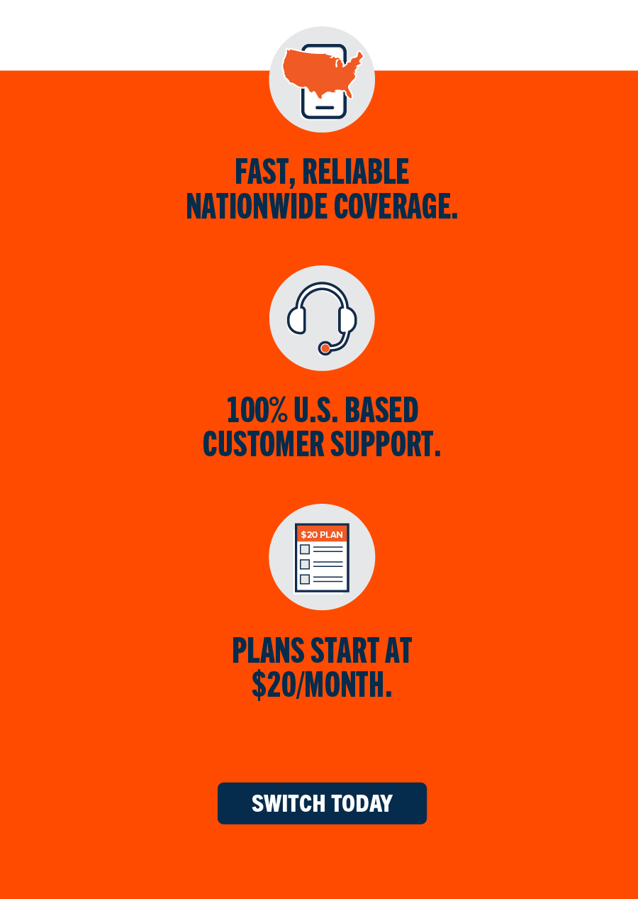 FAST, RELIABLE NATIONWIDE COVERAGE. 100% U.S. BASED CUSTOMER SUPPORT. PLANS START AT $20/MONTH.