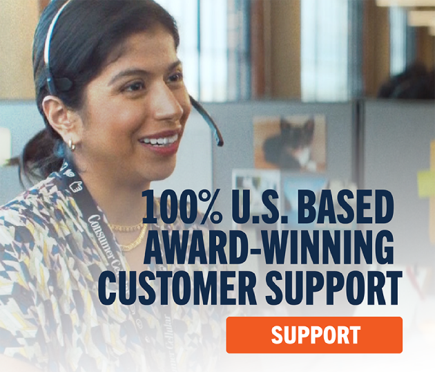 Woman wearing a headset and helping a customer with the caption: "100% U.S. Based Award-Winning Customer Support". Support button.