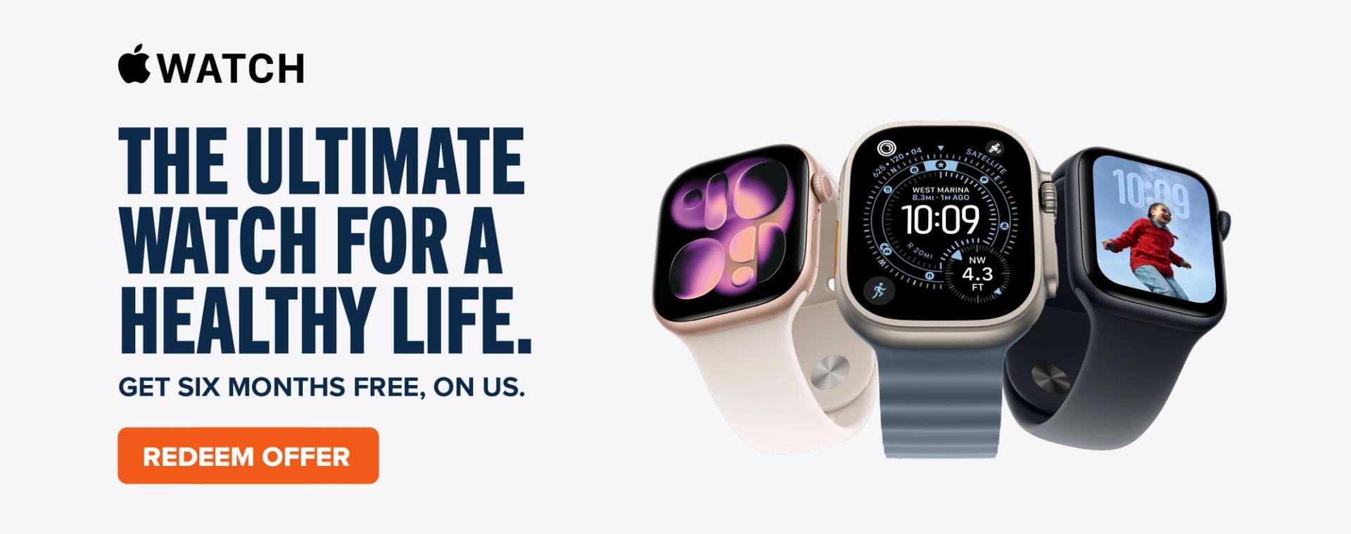 Apple Watch: The unlimited watch for a healthy life. Get six month free, on us. Redeem Offer
