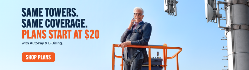 This header images includes an image of Ted Danson holding a smartphone with the headline "Same towers. Same coverage. Plans start at $20." with the button "Shop Plans"
