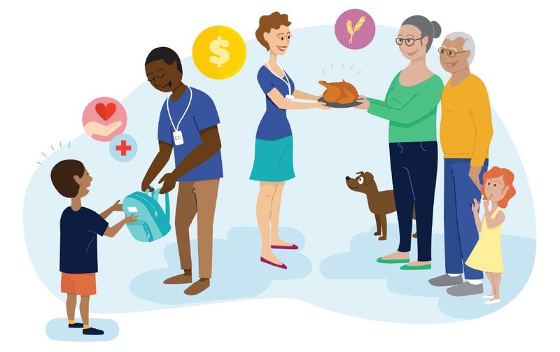 Assorted illustrations representing Consumer Cellular's committment to charitable giving.