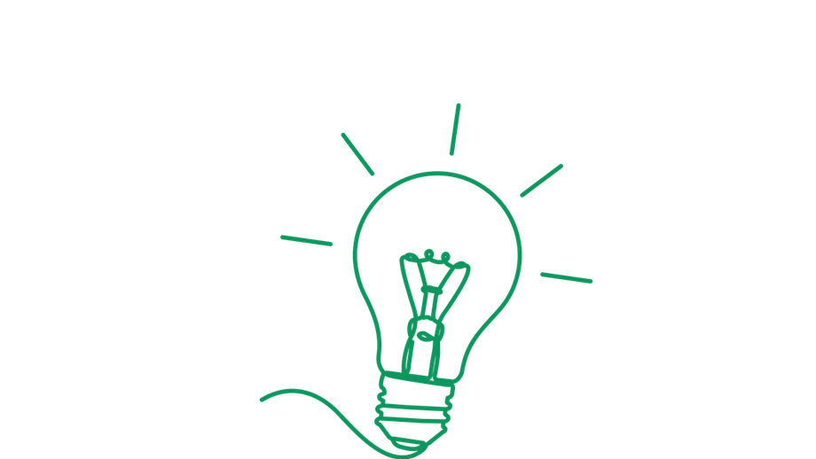 Green outline drawing of a glowing lightbulb.