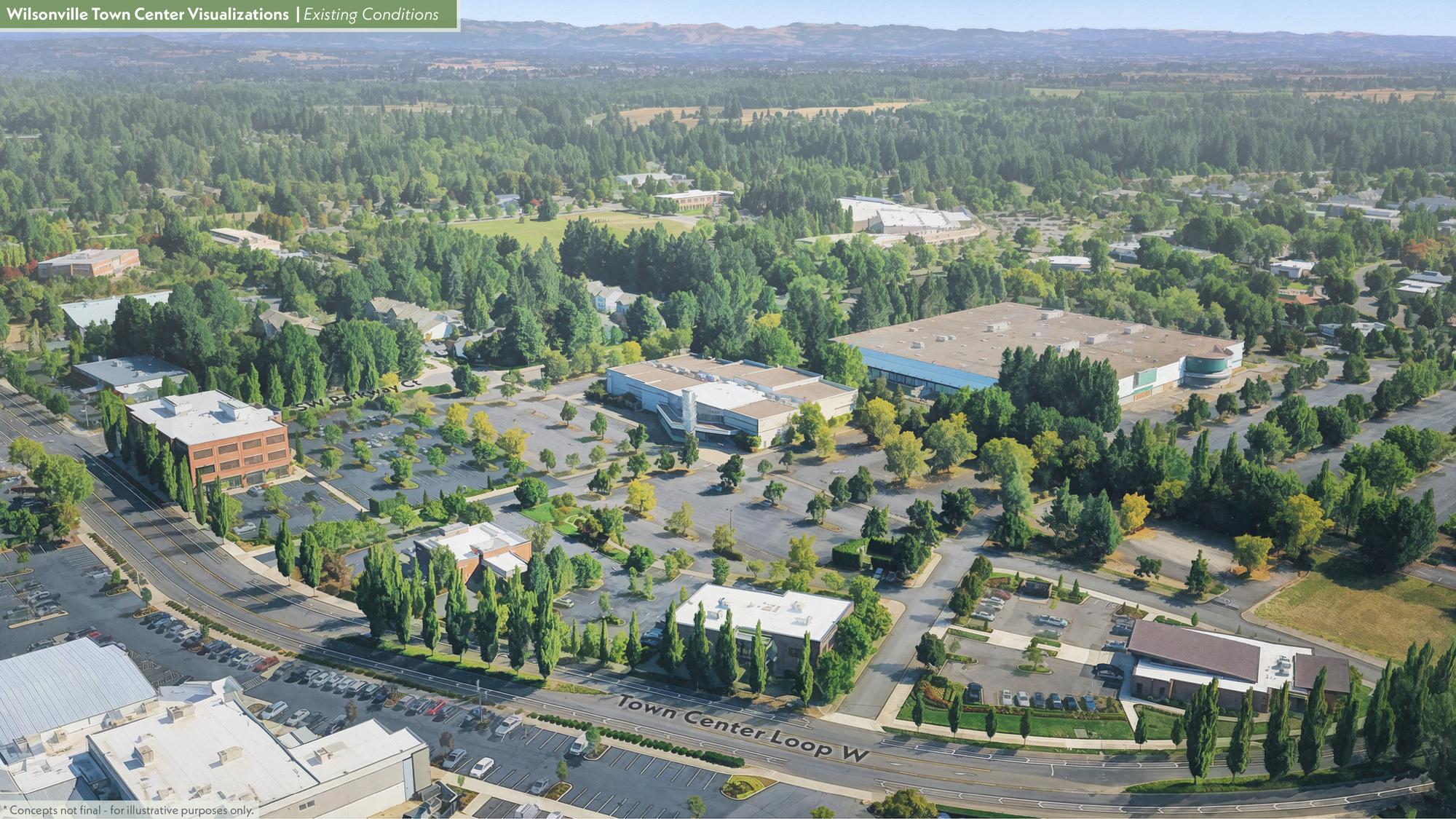 Aerial view of Wilsonville Town Center's existing conditions on the north side of Town Center Loop W, showing commercial buildings, parking lots, and trees.