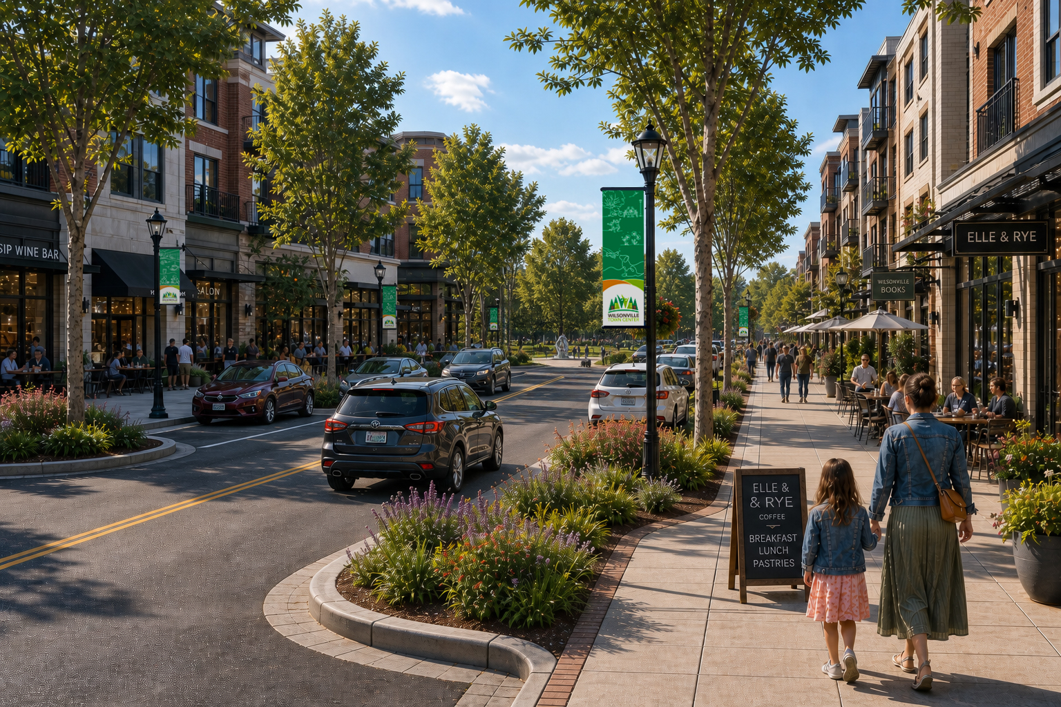 A vibrant street with multi-story buildings housing shops and restaurants, lively sidewalks with pedestrians and outdoor diners, cars on the road, and trees lining the path.