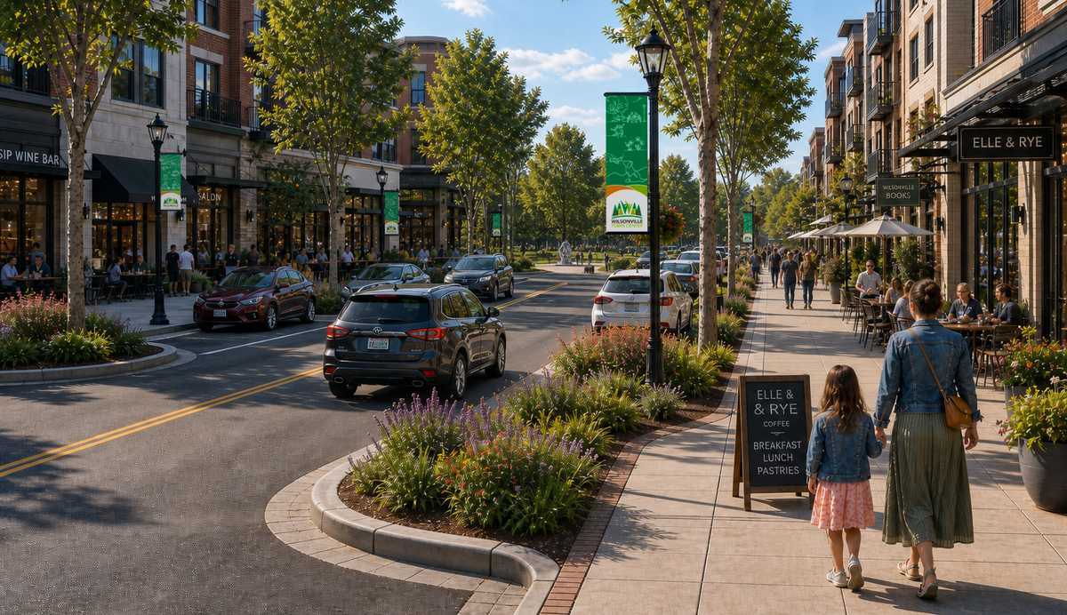 A vibrant street with multi-story buildings housing shops and restaurants, lively sidewalks with pedestrians and outdoor diners, cars on the road, and trees lining the path.