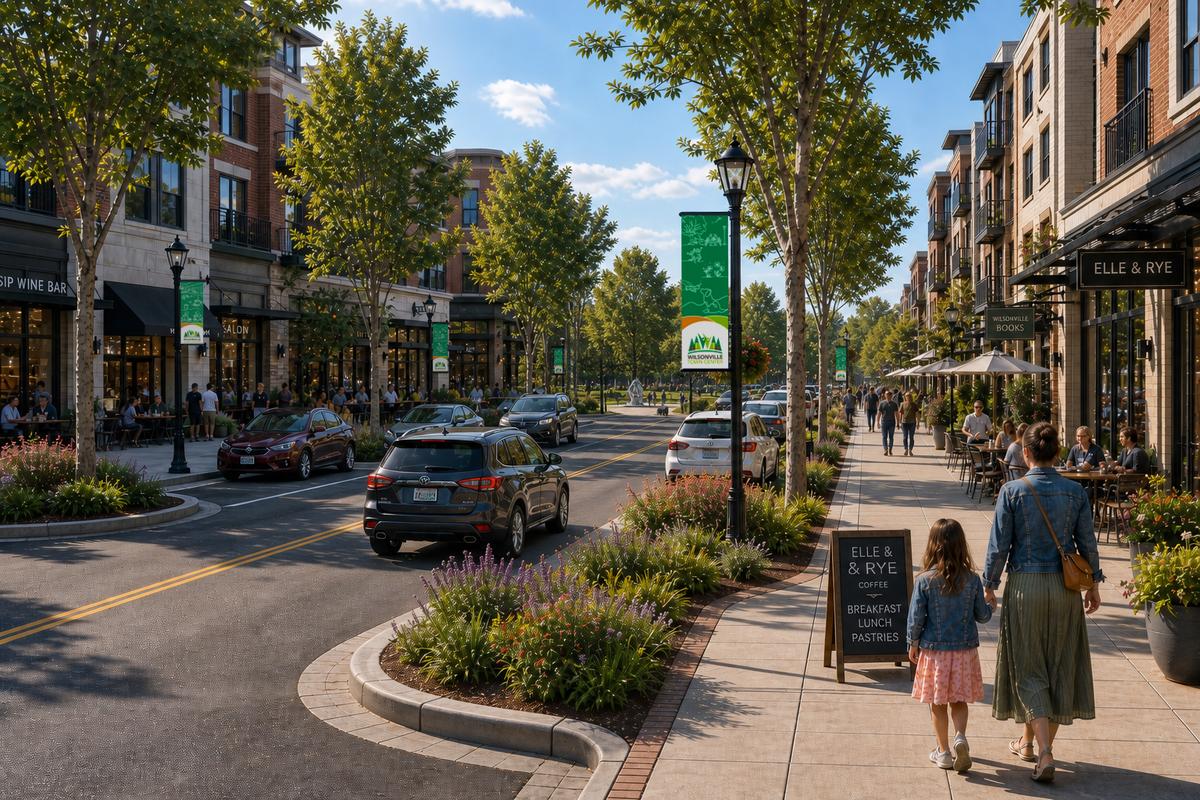 A bustling, tree-lined street with shops, outdoor cafes, pedestrians, and cars under a blue sky.