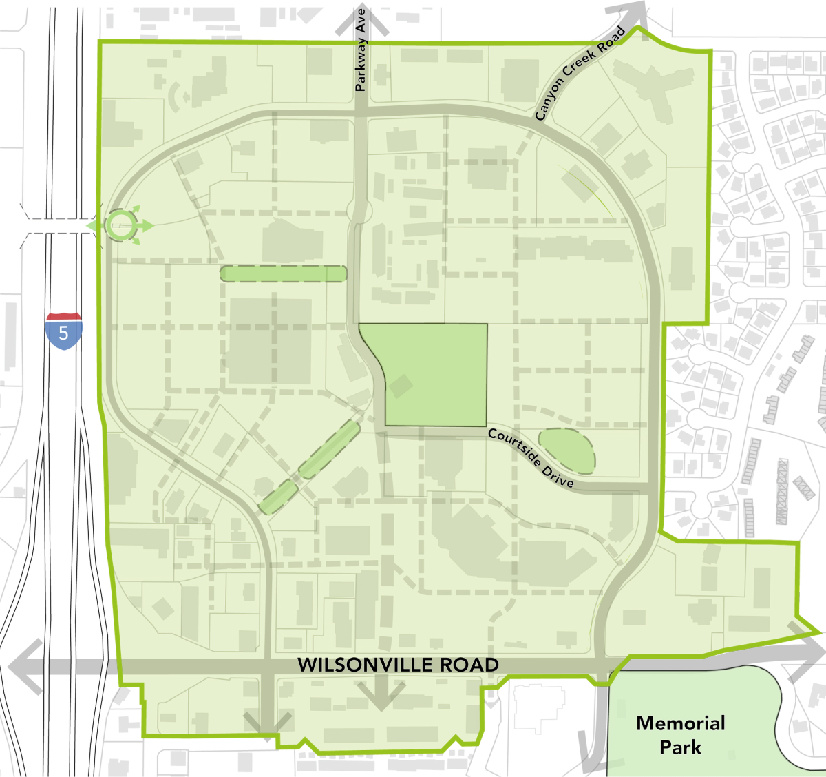 Map of a green-outlined district showing roads like I-5 and Wilsonville Road, buildings, and parks including Memorial Park.