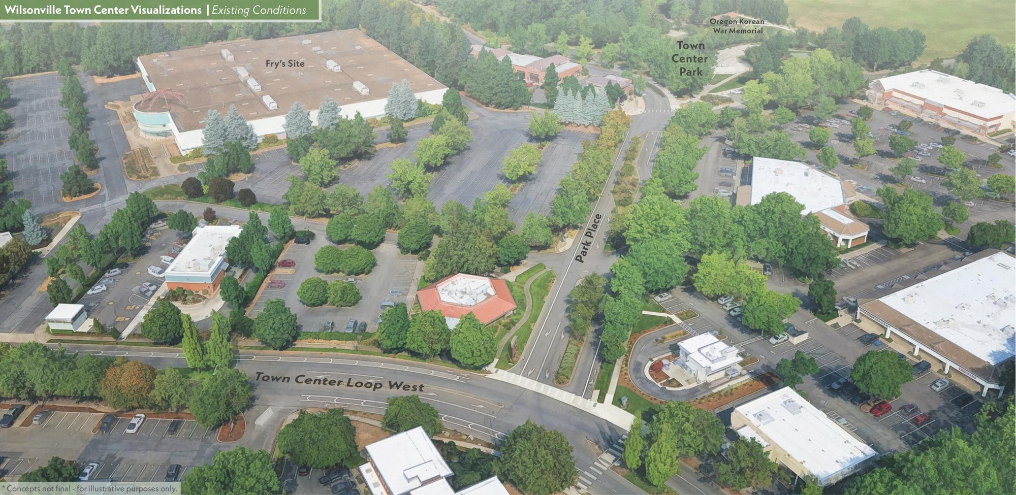 Aerial rendering of Wilsonville Town Center's existing conditions, showing commercial buildings, roads, parking lots, and many trees.