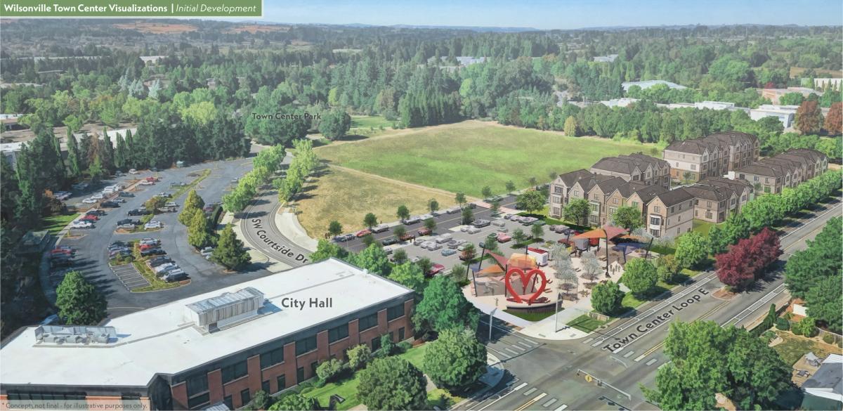 Aerial rendering of Wilsonville Town Center, showing City Hall, new residential buildings, a park, and a public plaza with a large red heart sculpture.