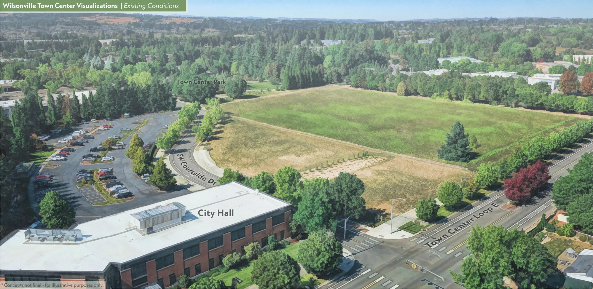 Aerial view of Wilsonville Town Center showing City Hall, a large undeveloped green space, roads, and a parking lot amidst many trees.
