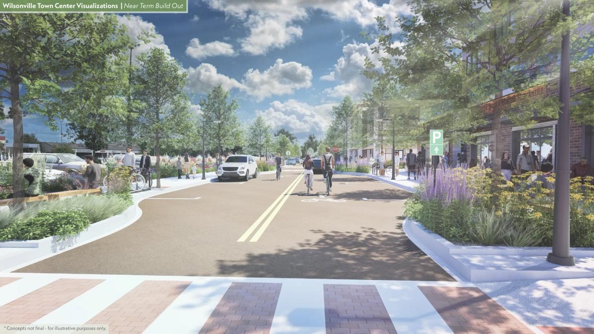 Visualization of Wilsonville Town Center street with pedestrians, cyclists, cars, trees, and storefronts.