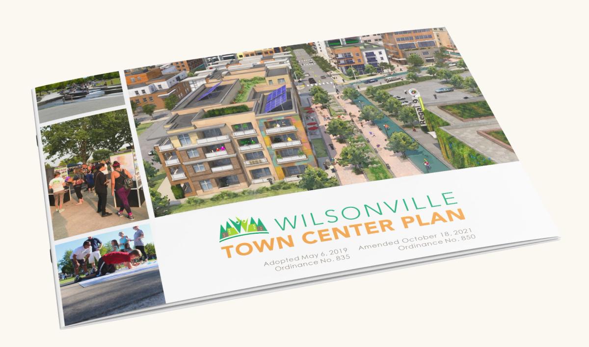 Cover of the Wilsonville Town Center Plan document, featuring an urban rendering, boats, and people enjoying outdoor activities.