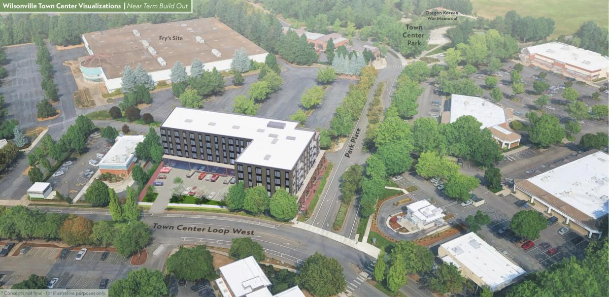 Aerial visualization of Wilsonville Town Center's near-term build out, showing a proposed L-shaped building surrounded by roads, parking, and commercial and green spaces.