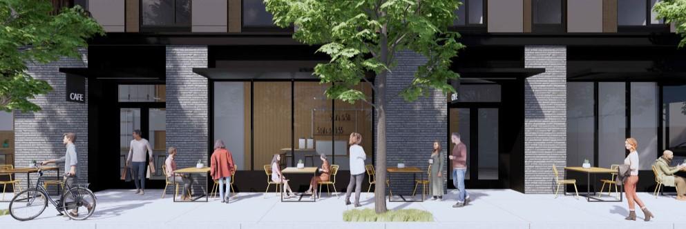Architectural rendering of a vibrant city street with outdoor cafe seating, pedestrians, and trees.