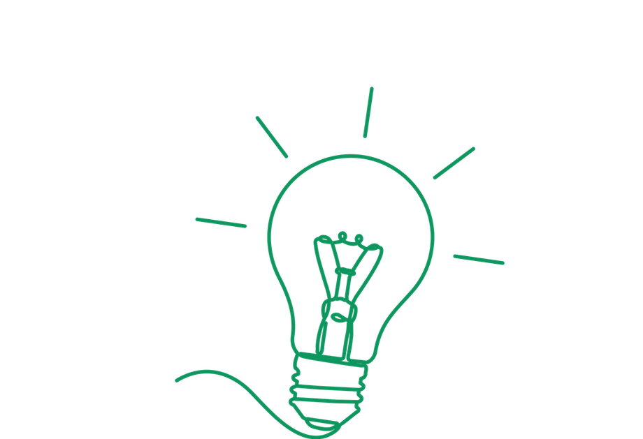 Green outline of a lit light bulb.
