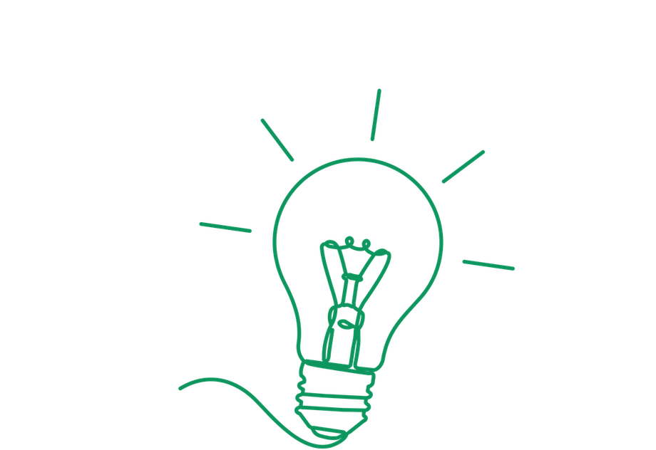 Green continuous line drawing of a lightbulb with light rays.
