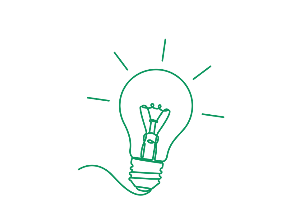 Green outline of a lit lightbulb.
