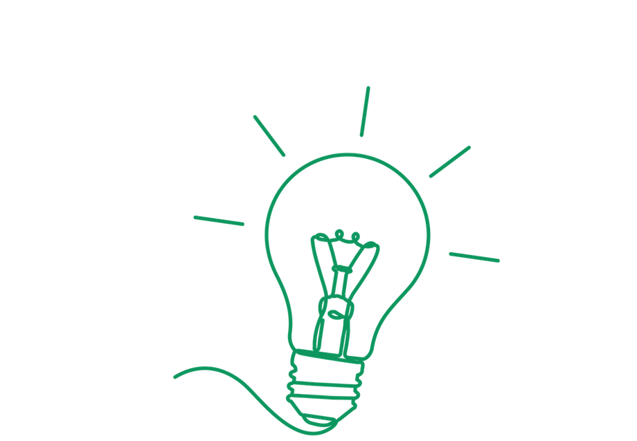 Green line art lightbulb radiating light.