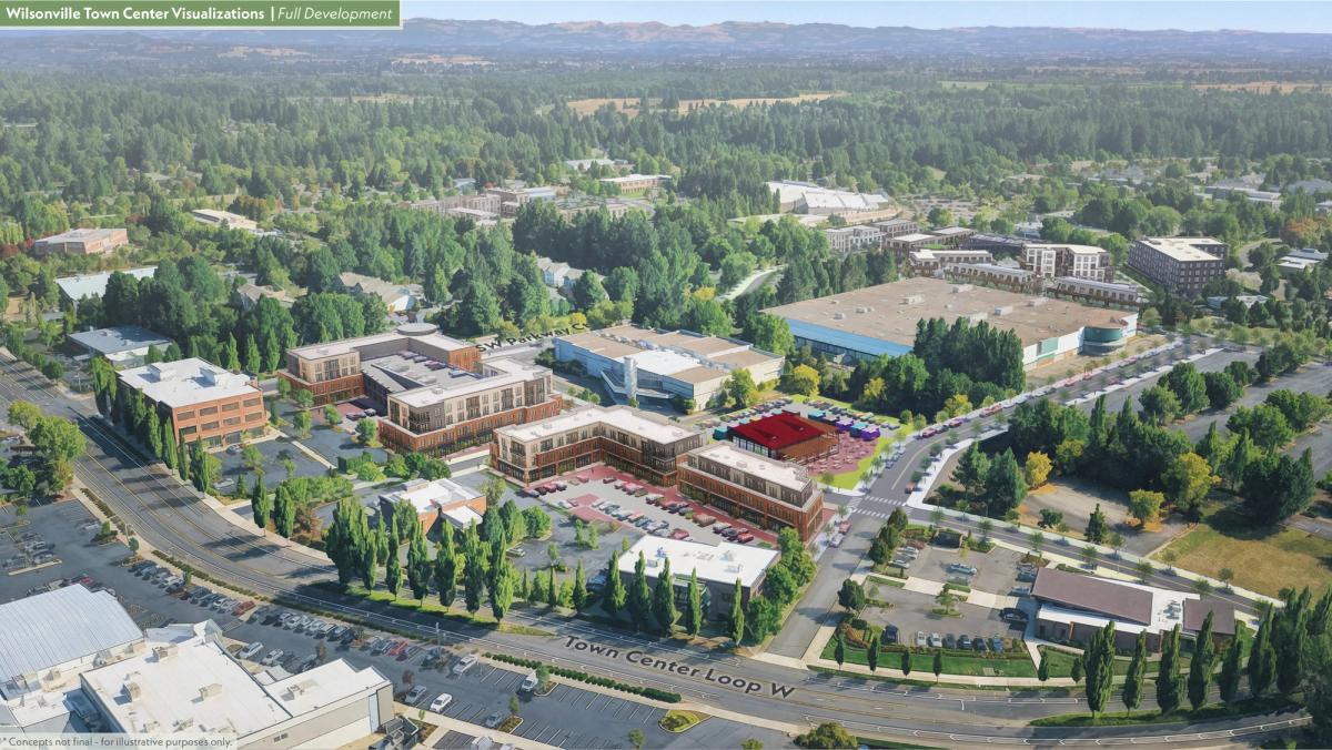 Aerial rendering from Town Center Loop W, featuring new buildings, roads, and green spaces.