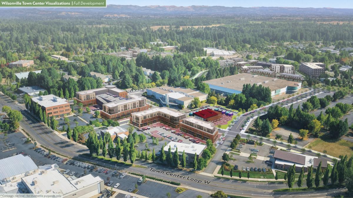  Aerial rendering from Town Center Loop W, featuring new buildings, roads, and green spaces.