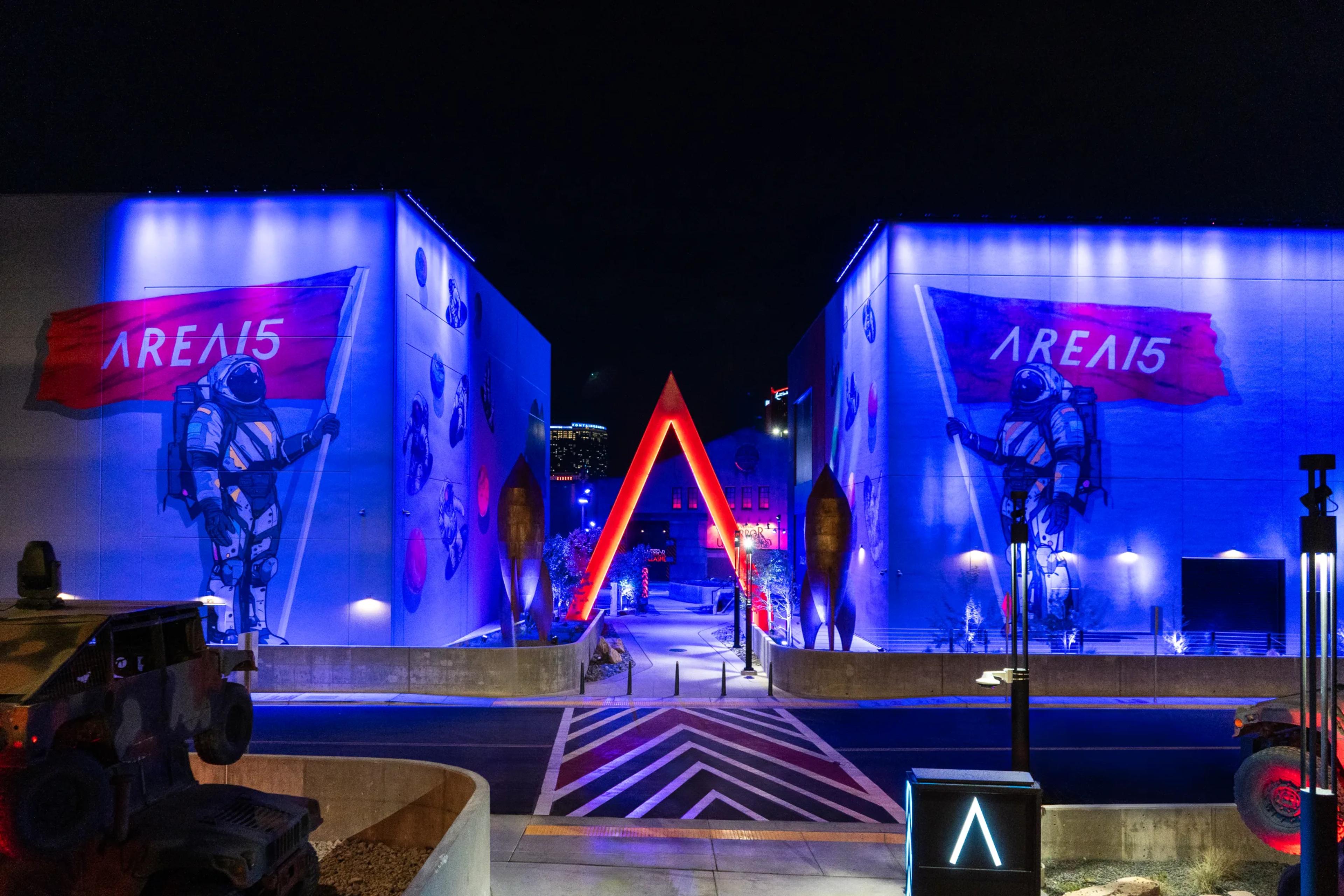 AREA15's cinematic entryway at nightime