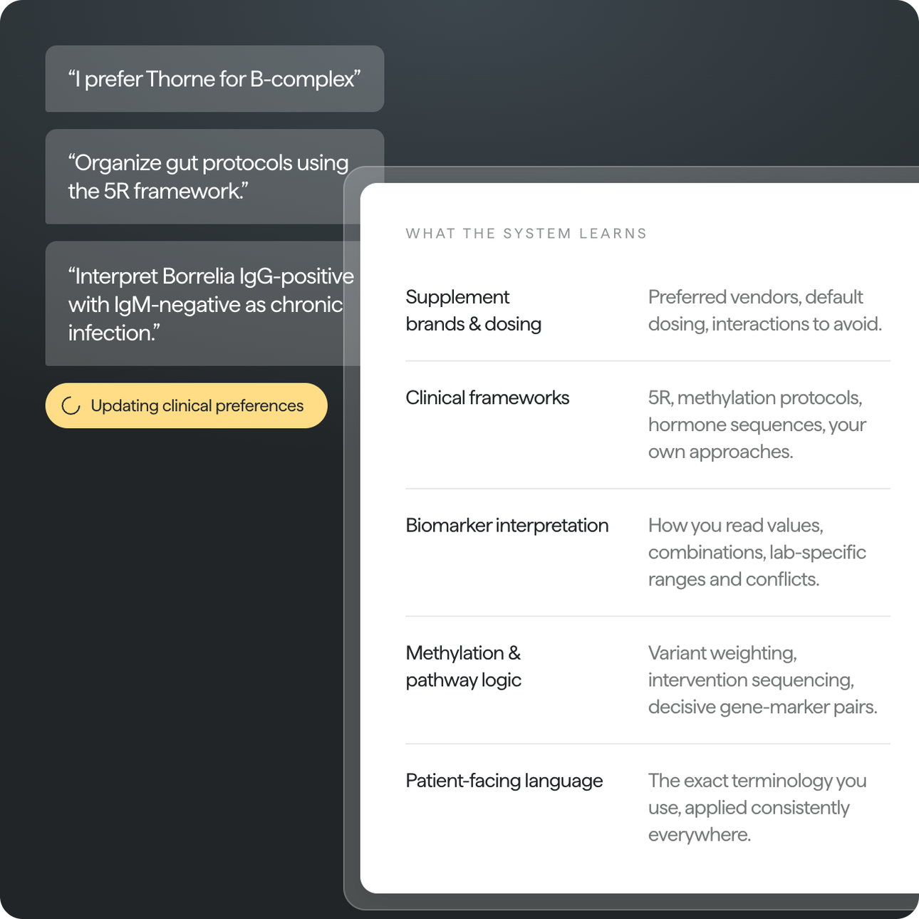 Assistant learning clinical preferences and frameworks
