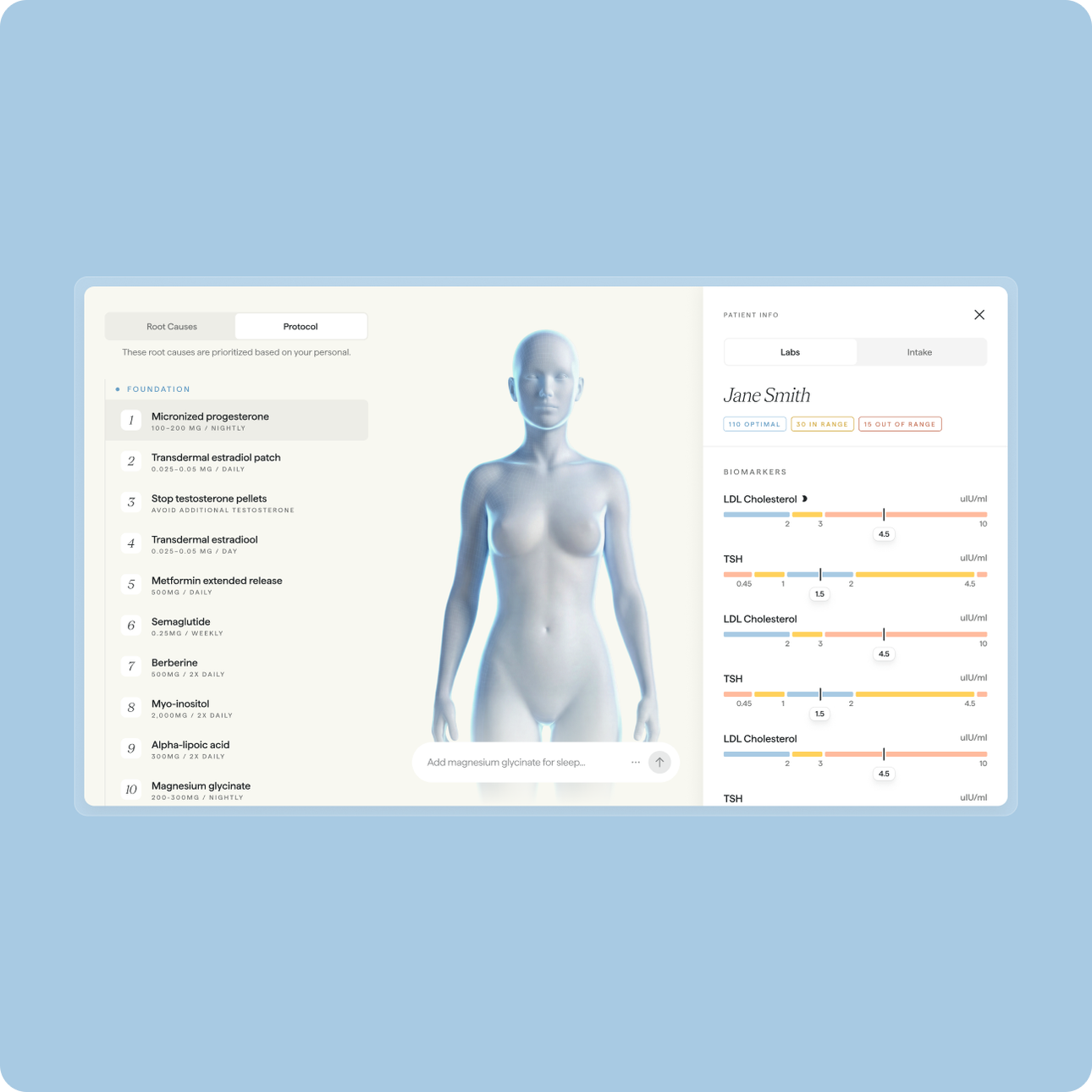 Precision medicine interface showing protocols, patient biology, and biomarkers