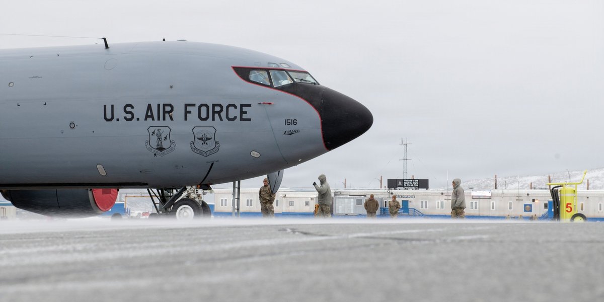 Nose of military aircraft seen on the ground refueling at Pituffik Space Force.