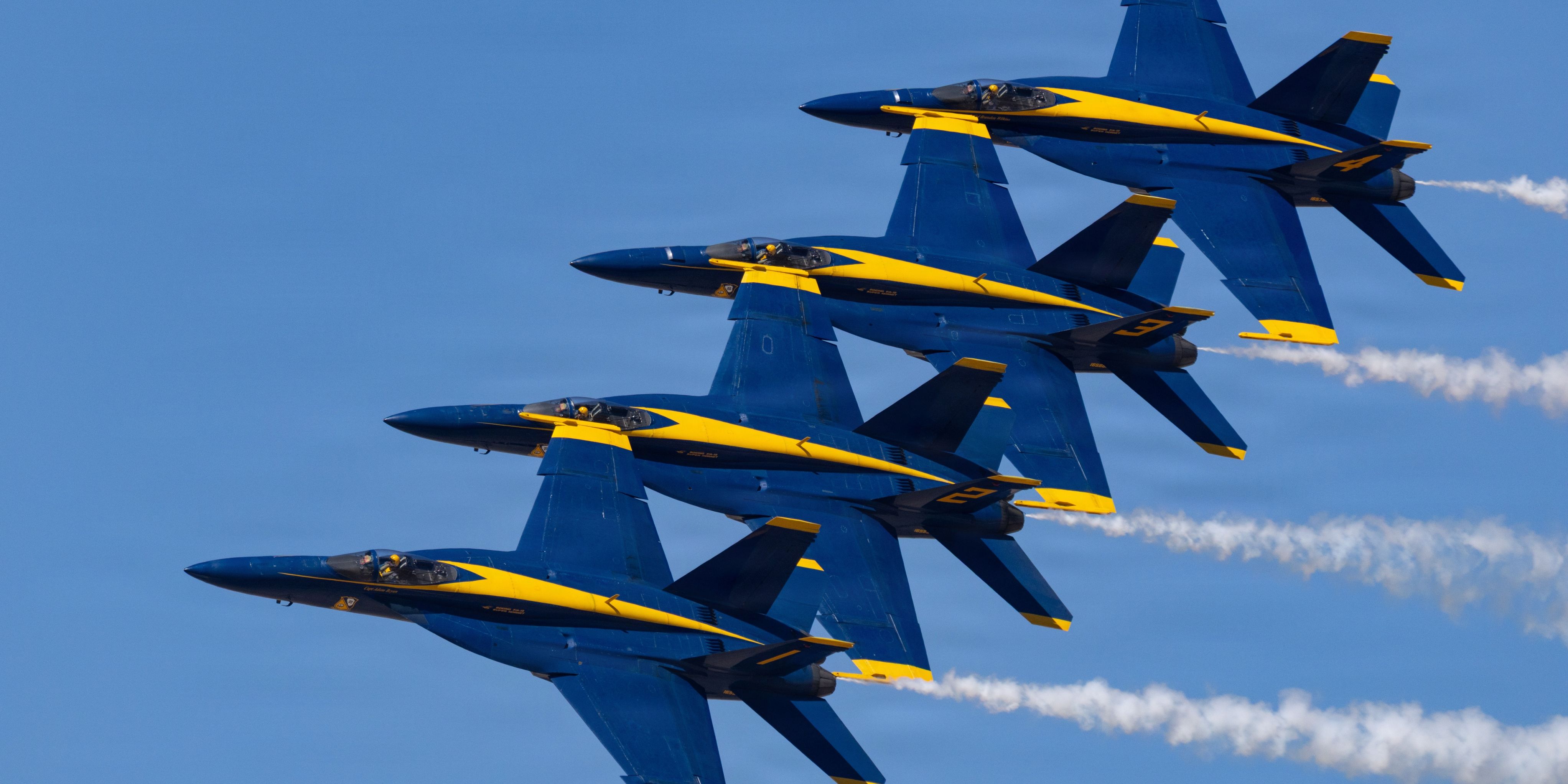 Four Blue Angel jets fly in formation.
