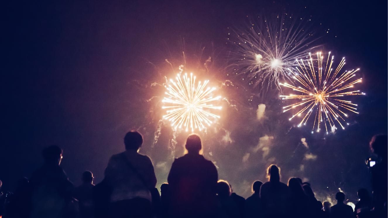 Veterans watching a fireworks display at night, silhouetted against the bright explosions.