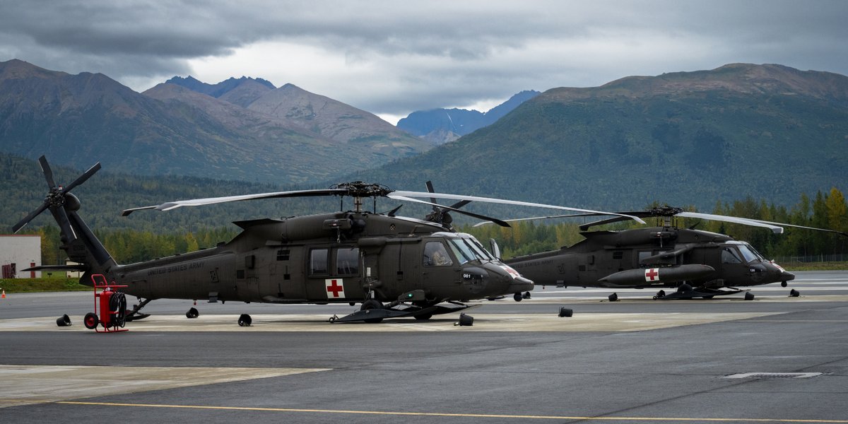 Two UH-60 Black Hawk helicopters assigned to Joint Base Elmendorf-Richardson’s 1-52nd General Support Aviation Battalion sit parked at Bryant Army Airfield on JBER, Alaska.