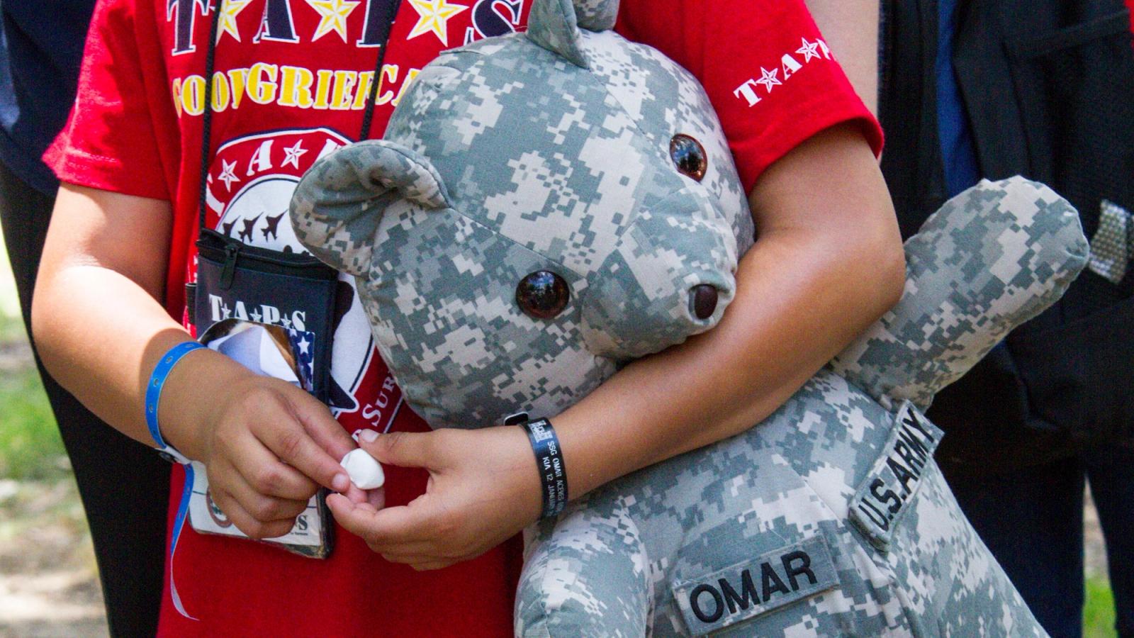 Torso of a child shown holding a camo teddybear.