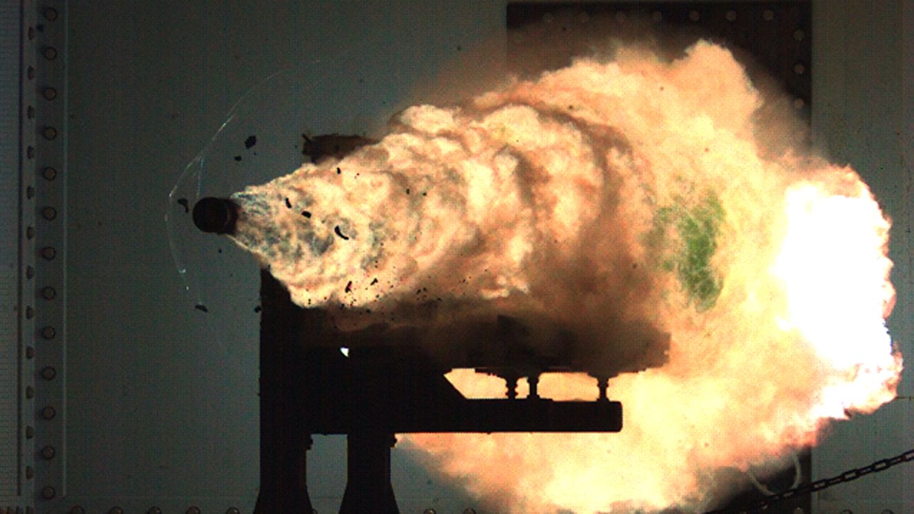 Photograph taken from a high-speed video camera during a record-setting firing of an electromagnetic railgun (EMRG) at Naval Surface Warfare Center, Dahlgren, Va., on January 31, 2008.