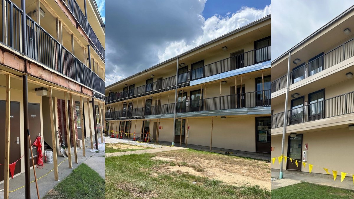 Three-view montage of photos of barracks repair.