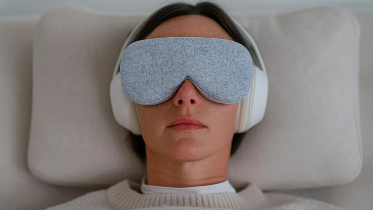 Veteran lying down with eye mask and headphones, potentially undergoing psychedelic therapy.
