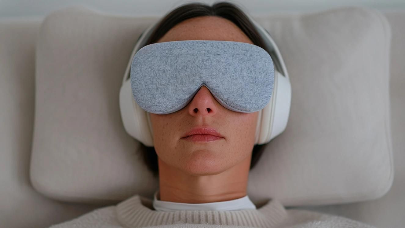 Veteran lying down with eye mask and headphones, potentially undergoing psychedelic therapy.