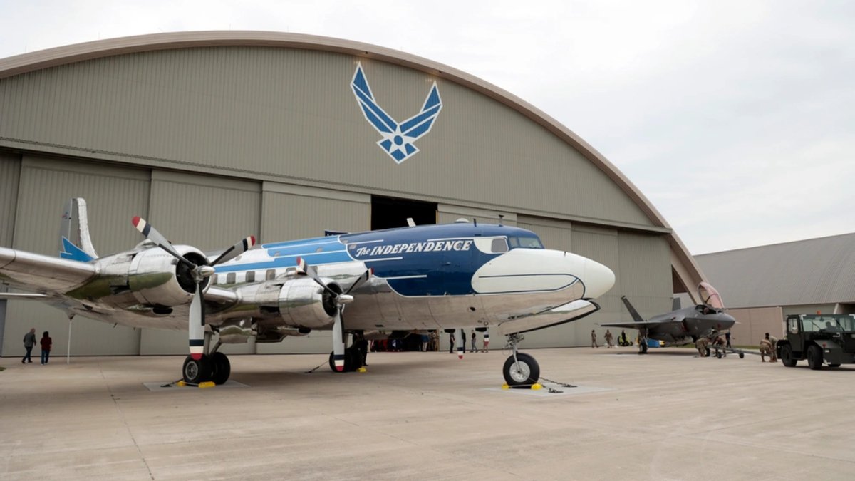 President Truman's Douglass VC-118 The Independence, left, and a Lockheed F-35 Lightning II from the 388th Fighter Wing, Hill Air Force Base outside of the National Museum of the U.S. Air Force.