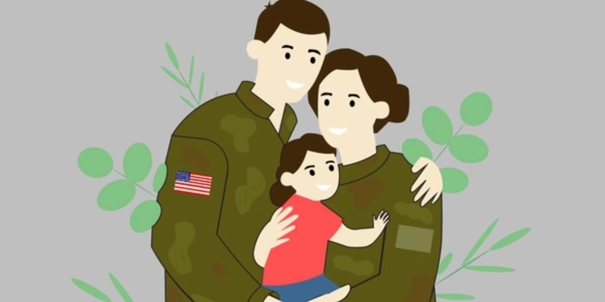 Military family in uniform embracing with child against a gray background