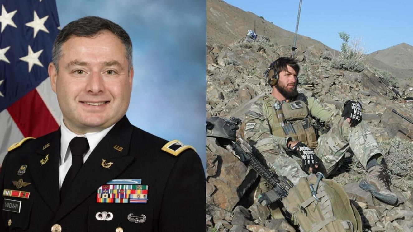 Army officer in dress uniform beside soldier in combat gear on rocky terrain